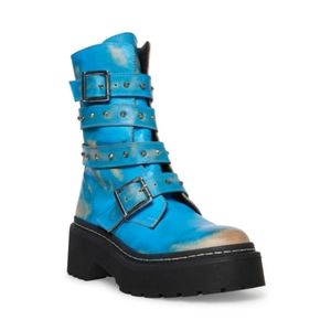 NEW Steve Madden | Dolls Kill Turquoise Blue Sarge Leather Zip Buckle Combat 10M
